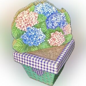 Vintage Hydrangea “Coasters In A Flower Pot” Set Of 4 Coasters With Holder 1999